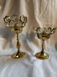 Candelabros chapados en oro de 24K de colección con prismas de cristal Glas Von Marion Alemania - Imagen 1 de 9