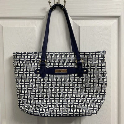 TOMMY HILFIGER Bolso de Mano Cartera Azul/Blanco Con Bolsillos Plateados Foto 1 de 4