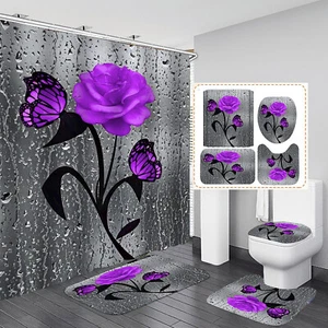 4 in 1 Fabric Shower Curtain Set with Rugs Bathroom Mat Toilet Lid Cover Printed - Picture 1 of 14