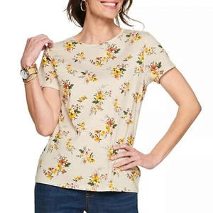 Croft & Barrow Women's Essential Short Sleeve Crewneck Tee Beige Bouquet - Picture 1 of 2