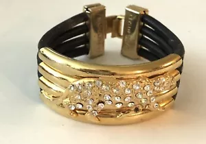 Vintage Italy GoldPlated Leopard with Rhinestones Bangle Bracelet Leather Bands - Picture 1 of 5
