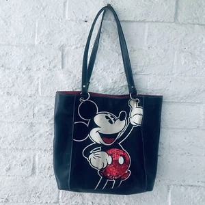 Disney Mickey Mouse Tote Bag Black Canvas Faux Leather with Red Sequins - Picture 1 of 7