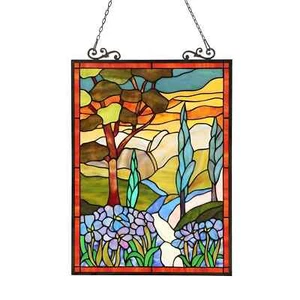 Tiffany Style Stained Glass Window Panel Suncatcher - Floral Countryside 18x24in - Picture 1 of 6