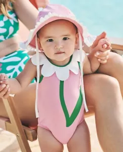 NEW Hanna Andersson Swimsuit & Hat Set Flower Pink Girls Baby Size 12-18 months - Picture 1 of 4
