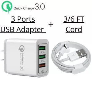 For iPhone iPad Android Samsung Google Power Adapter USB Fast Charger Cord 3/6FT - Picture 1 of 15