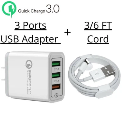 For iPhone iPad Android Samsung Google Power Adapter USB Fast Charger Cord 3/6FT - Image 1 of 4