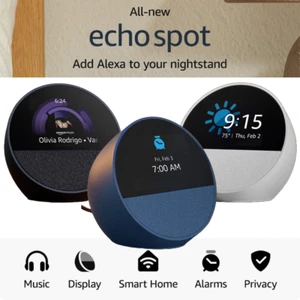 New 2024 Amazon Echo Spot 2nd Gen - Smart alarm clock w/ vibrant sound + Alexa - Picture 1 of 15