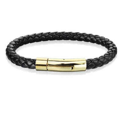 Pulsera de cuero Bolo trenzado para hombre con cierre de bloqueo de acero inoxidable - negro marrón Foto 1 de 4