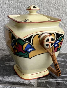 Tarro de galletas Art Deco con mango de mimbre vintage Winton Ware Grimwades Inglaterra - Imagen 1 de 12