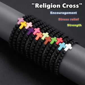 Religion Cross Men Women Natural Stone Onyx Stretch Anxiety Bracelets Jewelry - Picture 1 of 50