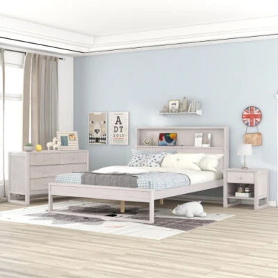 Modern Full Queen Size Bedroom Set Platform Bed Frame Dresser Cabinet Nightstand - Image 1 of 4