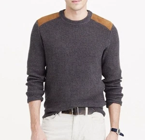 J Crew Herren Rundhals Pullover Gr. S Leder Schulterpolster grau schwerer Strick Baumwolle - Bild 1 von 8
