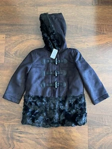 Gap Kids XS 4-5 True Black TOGGLE COAT JACKET Hooded Faux Suede Fur Trim NWT - Picture 1 of 8
