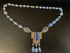 Wunderschöne antike Art Deco Tschechische Blau Glas Art Deco Strass Messing Halskette - Bild 1 von 8