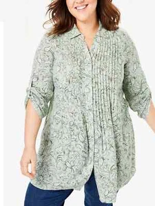 SIZE 16/18 Woman Within PALE-GREEN Paisley Print Pintuck Tunic Shirt - Plus Size - Picture 1 of 4