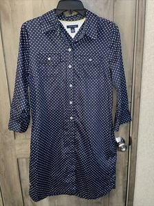 Tommy Hilfiger 3/4 Sleeve Polka Dot Shirt Dress Size M Navy Blue 100%Cotton - Picture 1 of 11