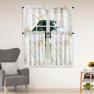 Marble Luxury Gold Tier and Swag Window Curtain Set, 3Pcs Kitchen Curtain Marble - Picture 1 of 7