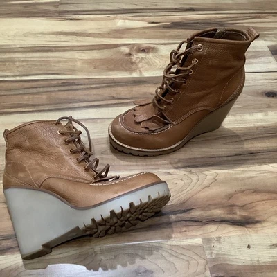 Tory Burch Botas al Tobillo de Cuero Marrón Kiltie Cremallera Lateral Cuña Talla 9.5 Foto 1 de 4