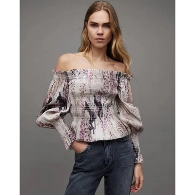 All Saints Lara Dionne Off Shoulder Smocked Top - Linen Silk Blend Silver Gray - Image 1 of 4