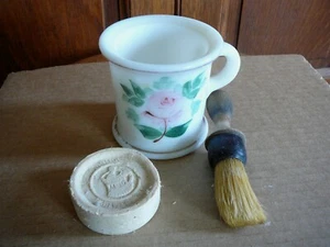 ANTIQUE HAND PAINTED WHITE MILK GLASS SHAVING MUG - PINK ROSE with BRUSH & SOAP - Picture 1 of 7