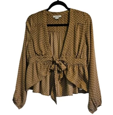 American Eagle Womans Size M Blouse Brown White Polka Dot Peplum Hem Front Tie - Изображение 1 из 4