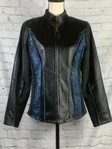 Koos of Course Women 100% Leather Tweed Mix Media Animal Print Blue Jacket Zip S - Picture 1 of 12