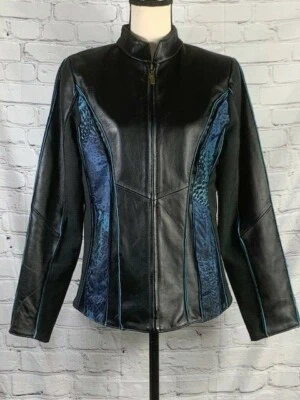 Koos of Course Women 100% Leather Tweed Mix Media Animal Print Blue Jacket Zip S - Image 1 of 4