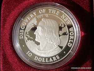 1990 BAHAMAS SILVER $10 DOLLAR CASED COLUMBUS DISCOVERY OF THE NEW WORLD  - Picture 1 of 7