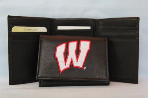 WISCONSIN BADGERS   embroidered  Leather TriFold Wallet    NEW    black Cover