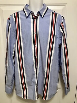 Camisa social masculina Zara listrada azul vermelha branca ajuste relaxado botão para cima tamanho XL - Imagem 1 de 4