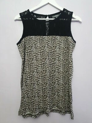Animal Print Sleeveless Tank Top Womens Vest Brown Leopard Jersey Lace UK8/10 N7 - Image 1 of 4