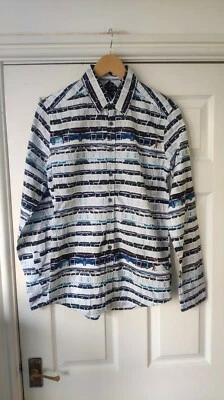 Tiger of Sweden Steel Slim Fit White Blue Graphic Pattern Shirt Size 38/S *MINT* - Image 1 of 4