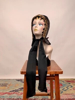 Antique 1890s Black & Beige Velvet Winter Bonnet Pioneer Wear Silk Lining AS IS - Image 1 of 4