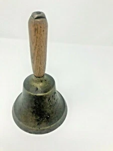 All Original Antique Brass School Bell-8" tall-Oak Handle-Housing Patched (NEL) - Picture 1 of 11
