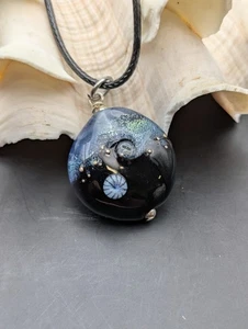 Necklace Black And Blue Ocean With A Shell And Wave glass #186 - Picture 1 of 6