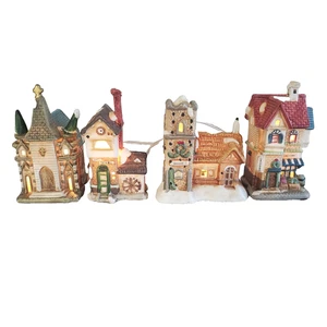 Vintage Hermitage Pottery Porcelain Christmas Village 4 Pc Light Up Small Shelf - Picture 1 of 12