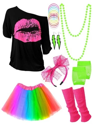 's 80s Costume Set, Lips Print T-Shirt Adult Tutu Skirt Lace Headband Neon Ea... - Image 1 of 4