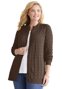 Woman Within Plus Size Cotton Cable Knit Cardigan Sweater - Picture 1 of 62