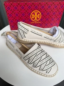 Tory Burch Espadrillas donna logo-nastro piatto, nuova crema/nero, taglia 8 - Foto 1 di 6
