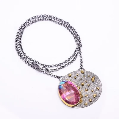 Collar Cobre Rosa Dalia Turquesa Negro y Oro Rodio Plata 925 19.99" N1 Foto 1 de 4