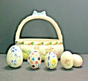 Ceramic Easter Bunny Basket With 4 Eggs - Picture 1 of 12
