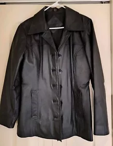 JACQUELINE FERRAR Leather Jacket Coat Soft Black Button Up Fitted Size Small - Picture 1 of 6