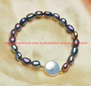 7-8mm Black Freshwater Pearl & 12-13mm White Baroque Coin Pearl Bracelet 7.5'' - Picture 1 of 12