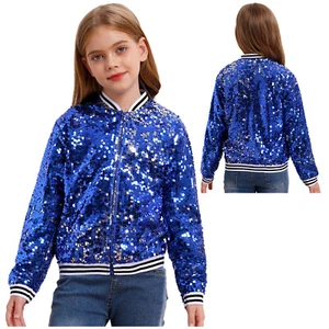 Kids Girls Sparkly Sequin Baseball Jackets Outerwear Sequin Street Dancing Coat - Picture 1 of 77
