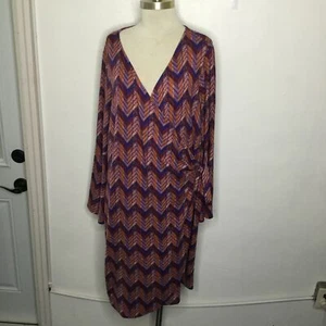 NY Collection Wrap Dress Chevron Print Multicolor Plus Size 2X Bell Sleeve - Picture 1 of 12