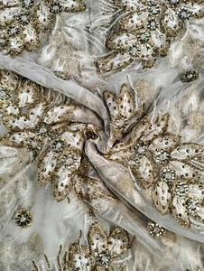Tela de encaje bordado con cuentas de piedra pesada de alta calidad para vestido de novia - Imagen 1 de 2