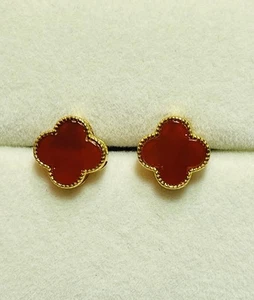 Ohrstecker 18 Karat Gold über 925 Sterling Silber roter Achat Kleeblatt - Bild 1 von 8