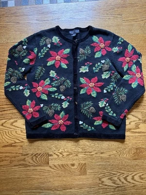 Northern Isles Black Christmas Cardigan Poinsettia Pinecone Embroidery Large - Image 1 of 4
