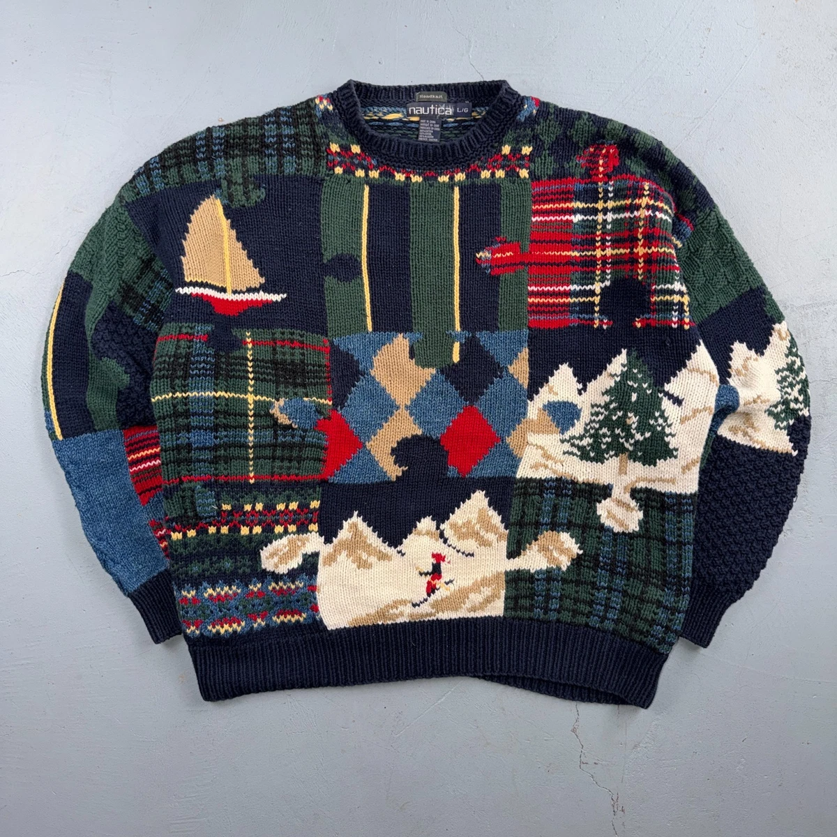 【希少】90s ［hand knit］ nautica cotton knit Vintage 90s Nautica Hand Knit Cotton Sweater Pullover Size XL