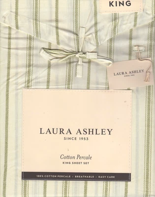 Laura Ashley King Sheet Set Symphony Stripe Green 4pc Farmhouse Cottage Chic - Image 1 of 4